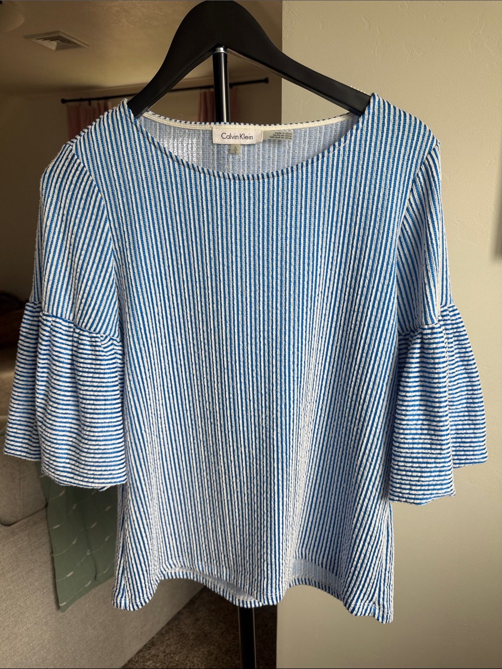 Calvin Klein Blue and White Striped Ruffle-Sleeve Top